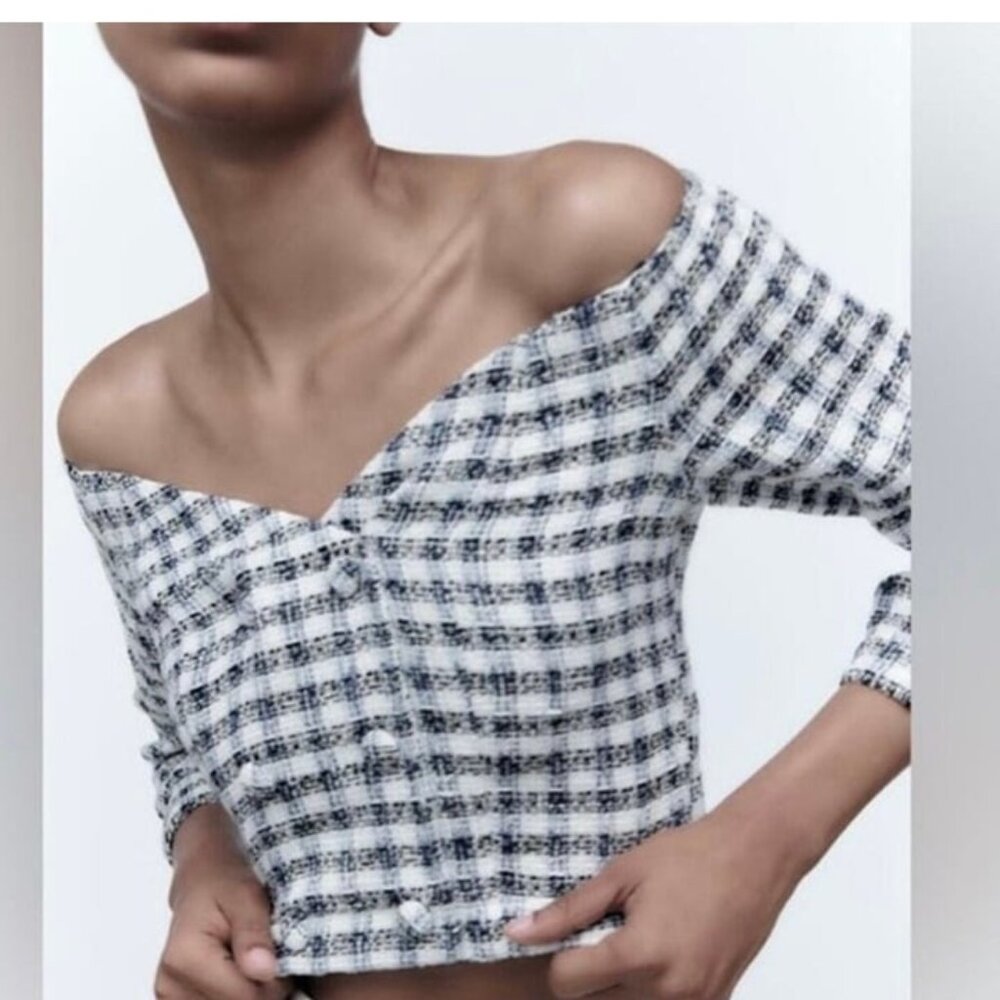 NWT Zara Off-The-Shoulder Blue, White, Black Tweed Top Size Small
